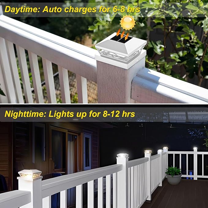 T-SUN Solar Post Cap Lights 6 Pack – Outdoor Waterproof Fence Lights for 3.5x3.5 4x4 5x5 5.5x5.5 Wood/Vinyl Posts, with 2 Brightness Modes Solar Deck Light for Patio, Garden, Porch(White)