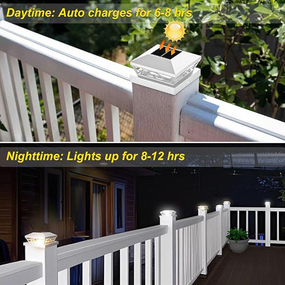 T-SUN Solar Post Cap Lights 6 Pack – Outdoor Waterproof Fence Lights for 3.5x3.5 4x4 5x5 5.5x5.5 Wood/Vinyl Posts, with 2 Brightness Modes Solar Deck Light for Patio, Garden, Porch(White)