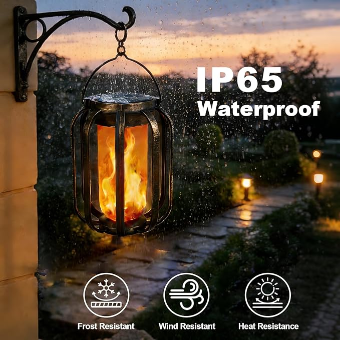 Solar Lanterns Outdoor Waterproof , Flickering Flame Garden Lights with 2 Modes Dual Charging USB & Solar, Outdoor Waterproof Hanging Lantern for Halloween Party Holiday Decor