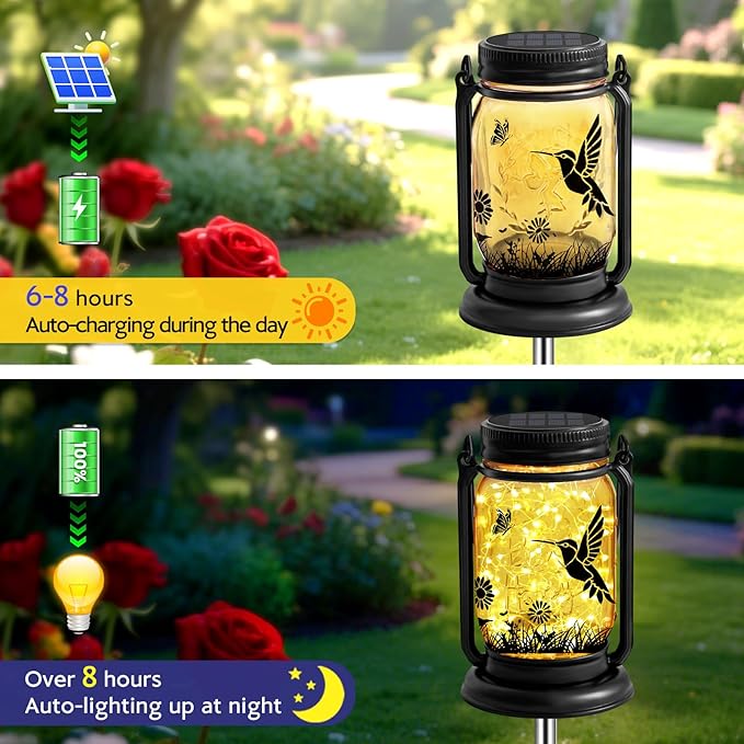 Hummingbird Solar Lanterns 3-in-1 Outdoor Waterproof - Birthday Gifts for Women Mom Christmas, Mason Jar Hanging Lanterns with Stake, Garden Decor Lights for Patio Yard Balcony Decorations, 2 Pack