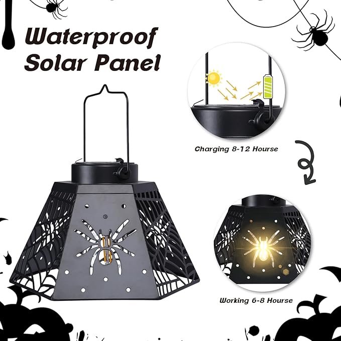 2-Pack 8.6" Halloween Solar-Powered Lanterns with Spider Outdoor Lantern Projection Lights, Waterproof Solar Stake Lights for Garden, Yard, Pathway Decor