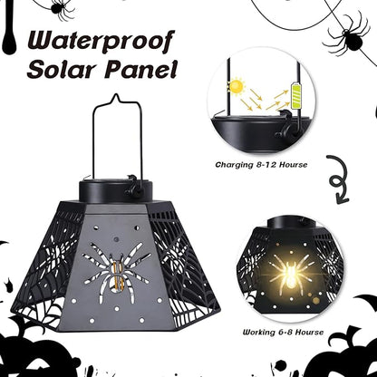 2-Pack 8.6" Halloween Solar-Powered Lanterns with Spider Outdoor Lantern Projection Lights, Waterproof Solar Stake Lights for Garden, Yard, Pathway Decor