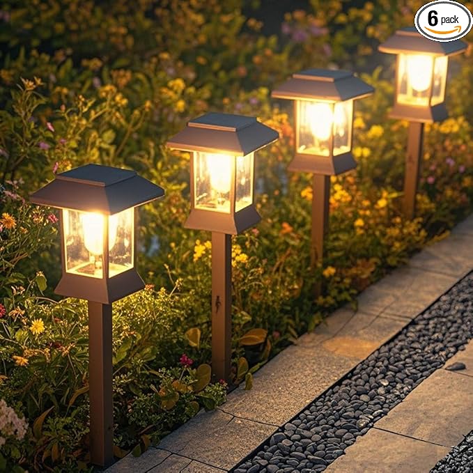 6Pack Solar Pathway Lights Outdoor Waterproof IP65, Brown Solar Lights Outdoor with Hook Upgraded 1000mAH Battery, Up to 12Hrs, Auto On/Off, Garden Decor for Yard, Driveway, Walkway (Bulb)