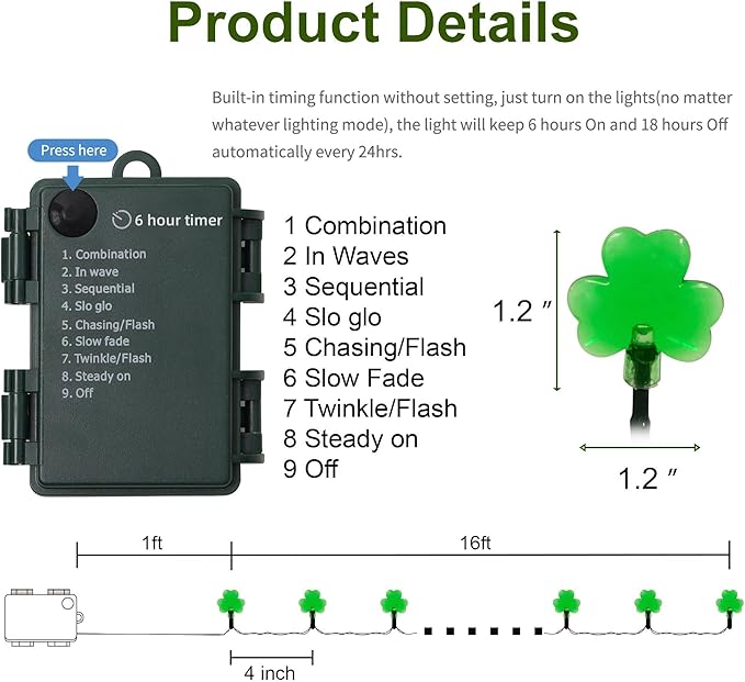 WATERGLIDE 1 Pack St. Patricks Day Shamrocks Lights, 50 LED Outdoor Decorative String Lights, Battery Operated Lucky Clover Light, 8 Lighting Modes & Timer, Waterproof for Party Garden Home Decor