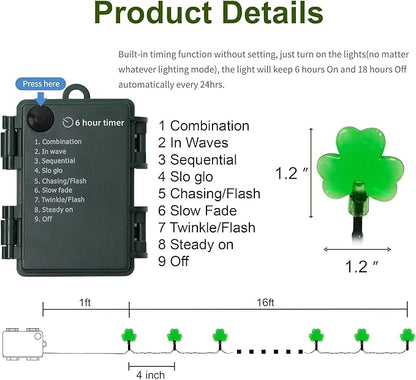 WATERGLIDE 2 Pack St. Patricks Day Shamrocks Lights, 50 LED Outdoor Decorative String Lights, Battery Operated Lucky Clover Light, 8 Lighting Modes & Timer, Waterproof for Party Garden Home Decor