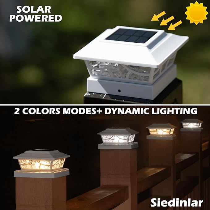 SIEDiNLAR Solar Post Lights Outdoor 4 Modes Deck Fence Post Cap Light for 4x4 5x5 6x6 Wooden Vinyl Posts Patio Garden Decor, Warm White & Cool White Dynamic Lighting White (2 Pack)