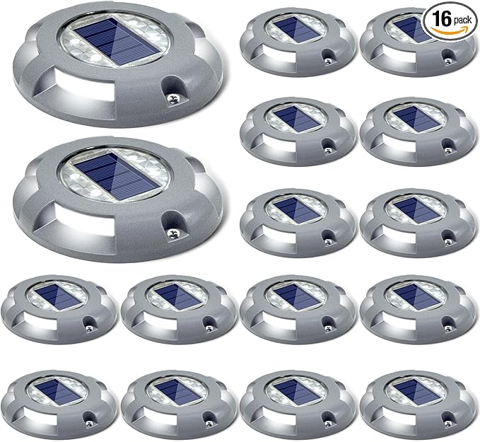 SIEDiNLAR Solar Deck Lights Dock Driveway Light LED Solar Powered Outdoor Waterproof Road Markers for Step Sidewalk Stair Garden Ground Pathway Yard 16 Pack (White)