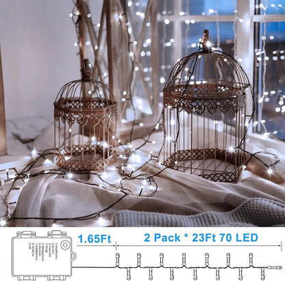 2 Pack String Lights Battery Operated, Each 23ft 70 LED Christmas Lights with Timer 8 Modes Fairy String Lights for Indoor Outdoor Wedding Garland Xmas Tree Decoration (Cool White)
