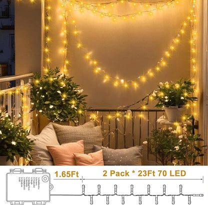 2 Pack String Lights Battery Operated, Each 23ft 70 LED Christmas Lights with Timer 8 Modes Fairy Light Clear Wire for Wedding Garland Xmas Tree Outdoor Decoration (Warm White)