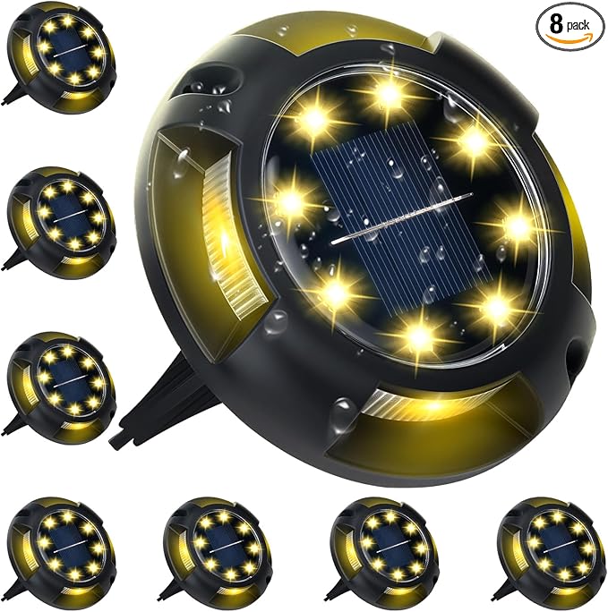 8-Pack Solar Ground Disk Lights, Warm White Waterproof LED