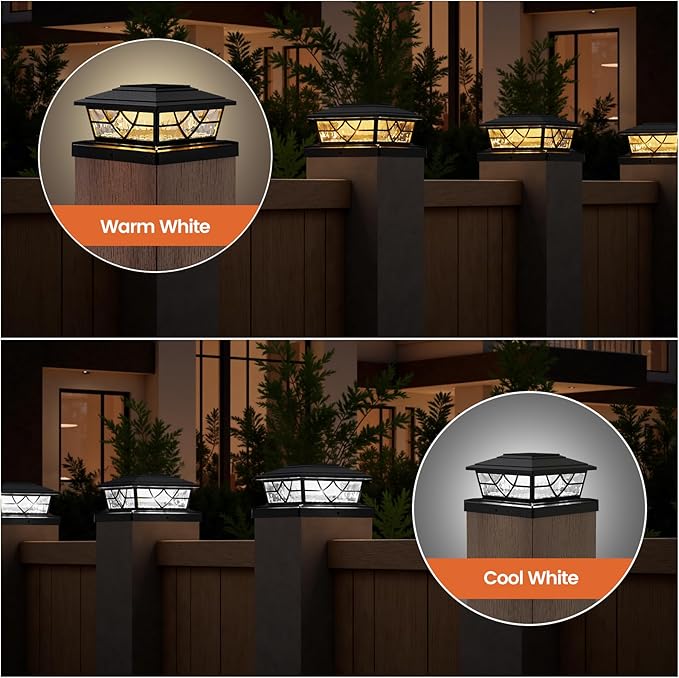 APONUO Solar Post Cap Lights 4 Pack for 4x4 5x5 6x6 Wood Vinyl Fences - IP64 Waterproof, Auto On/Off, Solar Powered Post Lights, Warm Cool White, Deck Patio Yard Decor, Black