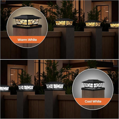 APONUO Solar Post Cap Lights 4 Pack for 4x4 5x5 6x6 Wood Vinyl Fences - IP64 Waterproof, Auto On/Off, Solar Powered Post Lights, Warm Cool White, Deck Patio Yard Decor, Black