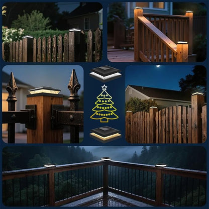 6 Pack Solar Post Cap Lights Outdoor, 2 Modes (Warm/White Light) Black Fence Post Solar Powered Lights Waterproof for 5x5, 5.5x5.5, 6x6 Wooden/Vinyl Posts Decorate Garden Deck Patio Porch