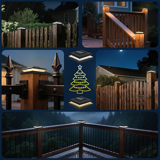 12 Pack Solar Post Cap Lights Outdoor, 2 Modes (Warm/White Light) Black Fence Post Solar Powered Lights Waterproof for 5x5, 5.5x5.5, 6x6 Wooden/Vinyl Posts Decorate Garden Deck Patio Porch