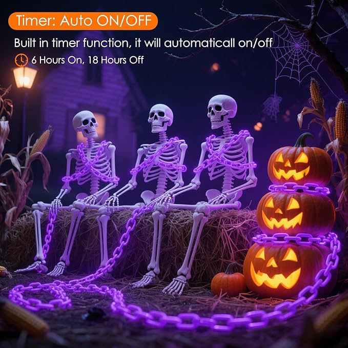 10Ft Purple Halloween Chain Lights Battery Operated with Timer, 8 Modes Halloween Decorations Indoor Outdoor, Waterproof Lighted Plastic Chains for Haunted House Party Cosplay Props Skeleton Dog