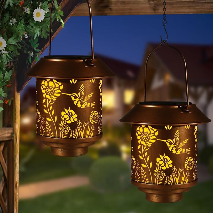 Solar Lantern Outdoor Hanging Lights Gifts for Women Mom Metal Garden Decor Outside Waterproof LED Lanterns for Patio(Hummingbird-2P)