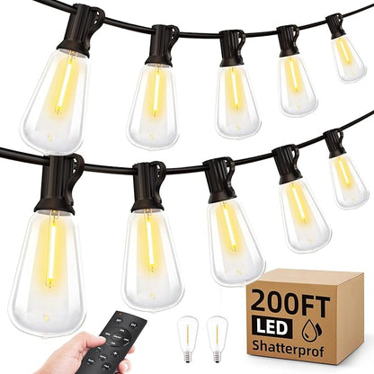 Outdoor String Lights, 200ft Waterproof ST38 Shatterproof Bulb Patio Lights, Remote Control, Backyard & Gazebo Hanging Lights