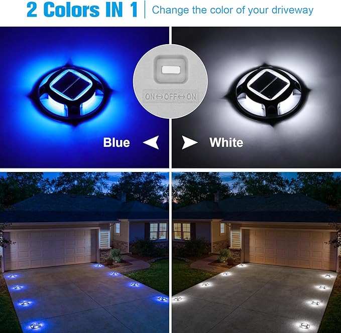 VOLISUN Solar Dock Marine Lights 12 Pack,2 Colors in 1,Outdoor IP67 LED Solar Powered Waterproof Driveway Marker Deck Lights for Warning Step Sidewalk Pathway (White/Blue),Saltwater Resistant