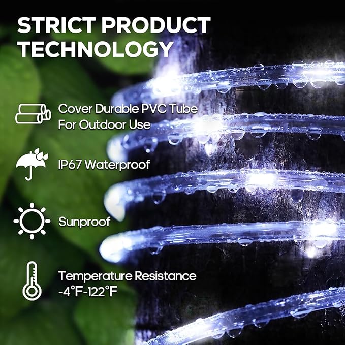 ICRGB Solar Rope Lights Outdoor, 39FT 100 LED Solar Rope Lights,IP67 Waterproof, 8 Modes, Outdoor Patio Porch Tree Wedding Christmas Pool Garden Decorative (Cool White, 39FT)