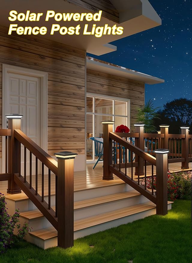 T-SUN 4x4 Fence Post Solar Lights Outdoor Waterproof - Auto Dusk to Dawn Solar Lighting for Deck, Vinyl/Wooden Posts | 12 Pack Weatherproof Warm & Cool White Patio Lights (Black)