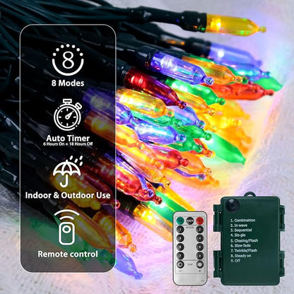 Battery Operated Christmas Lights, 33Ft 100 LED Multicolor String Lights with Auto Timer & 8 Modes, Shatterproof Waterproof for Outdoor Indoor Wedding Party Home, Green Wire