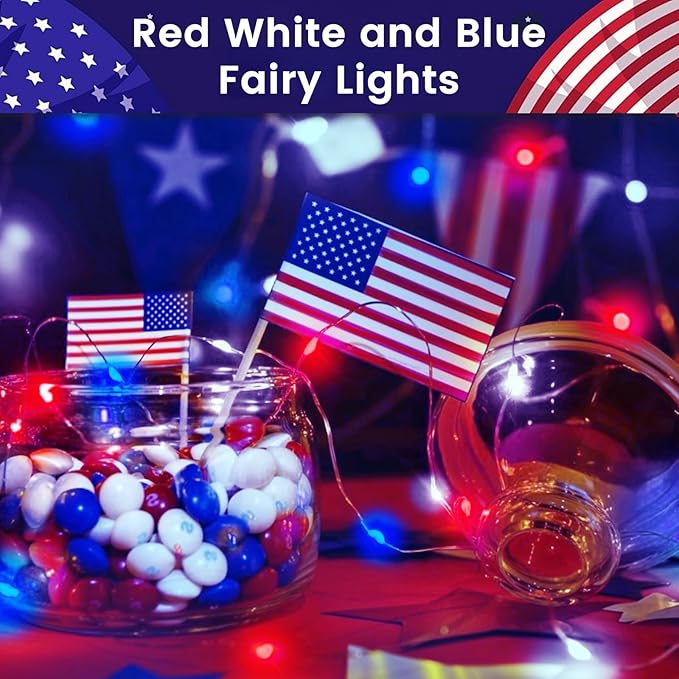 4 Pack 20FT 60LED Red White and Blue Battery Operated Fairy Lights with Timer, Waterproof Battery String Lights Outdoor Indoor, Battery Twinkle Lights for 4th of July Independence Day Decoration