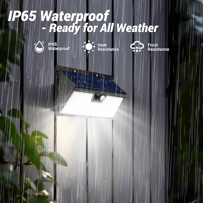 Solar Motion Lights Outdoor, 318 LED Waterproof Fence Light Solar Powered with 3 Lighting Mode, Cold White LED Step Light for Outside Wall Yard Deck Stairs Garden - 1 Pack