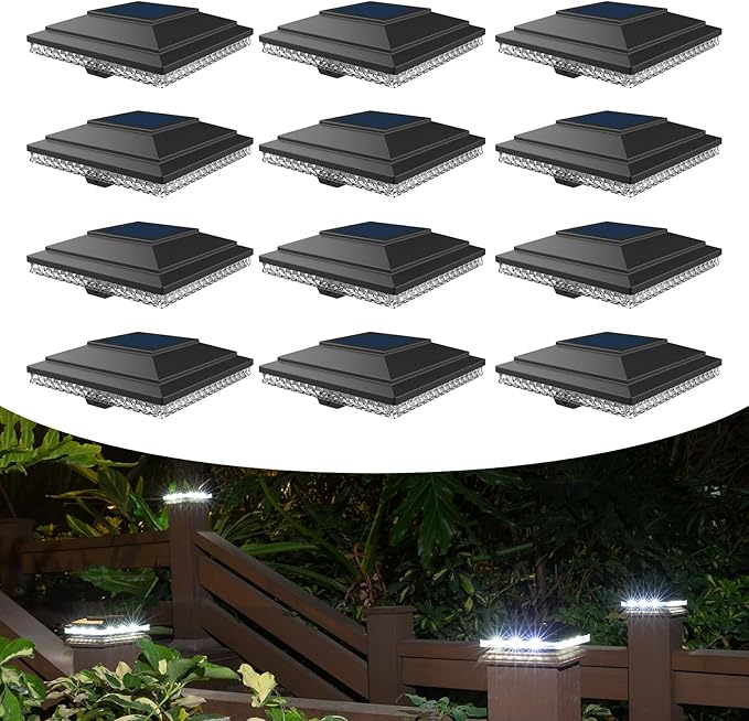 HUYIENO Solar Post Cap Lights,Outdoor Deck Fence Post Lights,Powerful Lithium Battery 20Lumens Two Light Modes Warm White/Bright White Suitable for 4x4 5x5 Wooden Posts,4x4 Viny Posts (Black, 12pk)