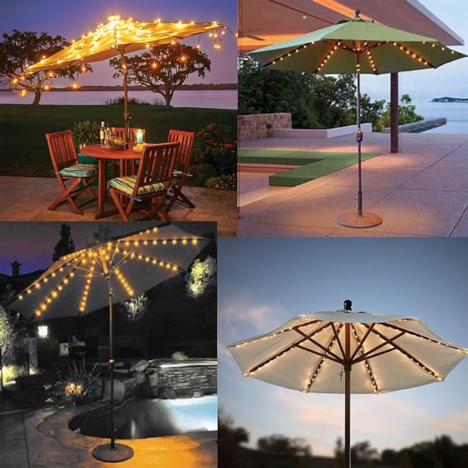 Patio Umbrella Lights 8 Lighting Mode 104 LED String Lights with Remote Control Umbrella Lights Battery Operated Waterproof Outdoor Decor for Patio Umbrellas Outdoor Use Camping Tents Warm White