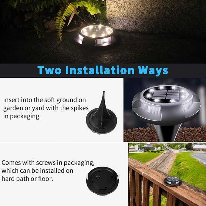 Solar Ground Lights Outdoor Waterproof, 8 Pack 12 LEDs Solar Garden Disk Lights Landscape Lighting for Outside Pathway Deck Yard Patio Lawn Driveway Walkway Deco (White Lights)