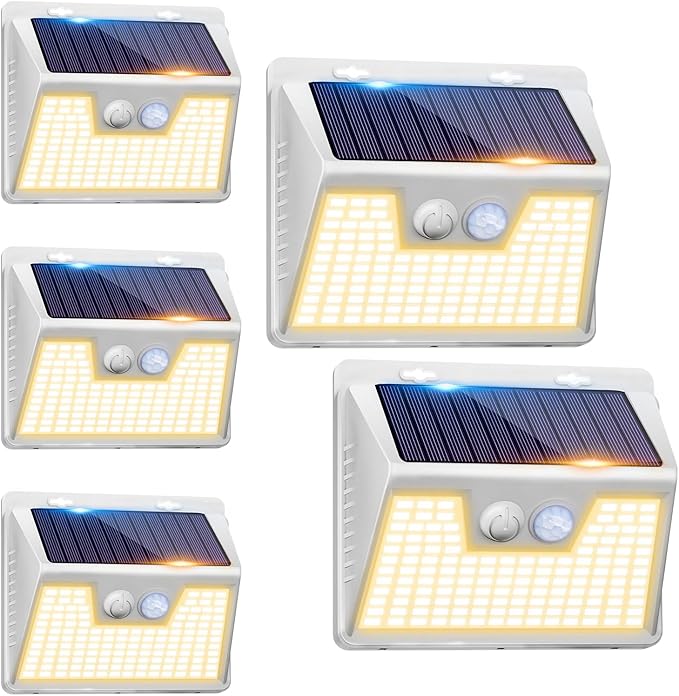 Peasur Solar Outdoor Lights [5 Pack/140LED], 3000K Warm Light Solar Motion Sensor Outdoor Powered Security Lights 3 Working Modes Waterproof for Outside Garden Yard, White Frame