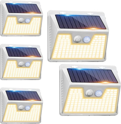 Peasur Solar Outdoor Lights [5 Pack/140LED], 3000K Warm Light Solar Motion Sensor Outdoor Powered Security Lights 3 Working Modes Waterproof for Outside Garden Yard, White Frame