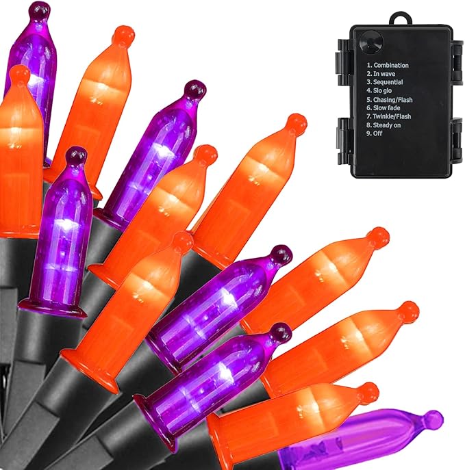 Dazzle Bright Purple and Orange Halloween Lights Battery Operated, 50 LED 16FT Waterproof Mini String Lights with 8 Modes, Halloween Decorations for Outdoor Indoor Garden Yard Party Decor