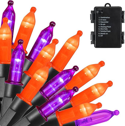 Dazzle Bright Purple and Orange Halloween Lights Battery Operated, 50 LED 16FT Waterproof Mini String Lights with 8 Modes, Halloween Decorations for Outdoor Indoor Garden Yard Party Decor