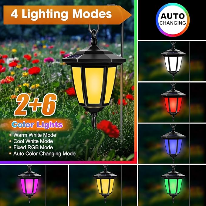 Viewsun 34 Inch Solar Hanging Lights, Shepherd Hook Lights with 4 Lighting Modes Waterproof Outdoor Decorative Solar Lantern Lights for Garden Decor, Patio, Backyard, Pathway, 4 Pack