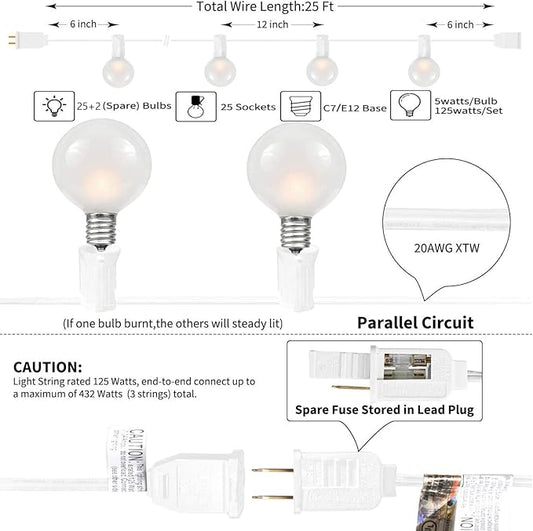25FT Outdoor String Lights, G40 Frosted White Globe String Lights with 27 Warm White Bulbs, Hanging Patio Lights UL Listed for Indoor Outdoor Backyard Garden Wedding Party Cafe Christmas Decorations