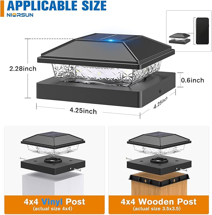 NIORSUN Solar Post Lights Outdoor, Fence Post Solar Lights Warm White, Waterproof, Garden Patio Fence Deck Decor, 4x4 Posts Cap Wood Vinyl, Black 6 Pack