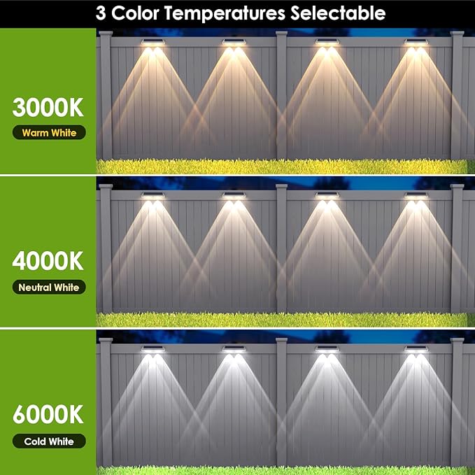 2 Pack Solar Fence Lights - 2PK Solar Outdoor Light Warm White/Daylight White/Cold White 3 Mode Deck Lights for Outside, Deck Fences, Stair Railings, Pools and Walls