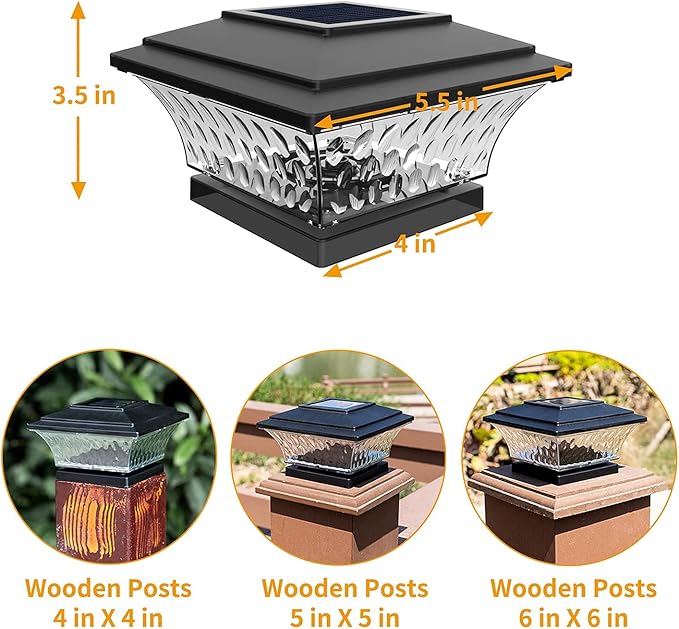 HUYIENO Solar Post Cap Lights Outdoor LED Lighting Deck Fence Cap Light Two Light Modes Warm White/Bright White Suitable for 4x4 Wooden Posts Black 4PK