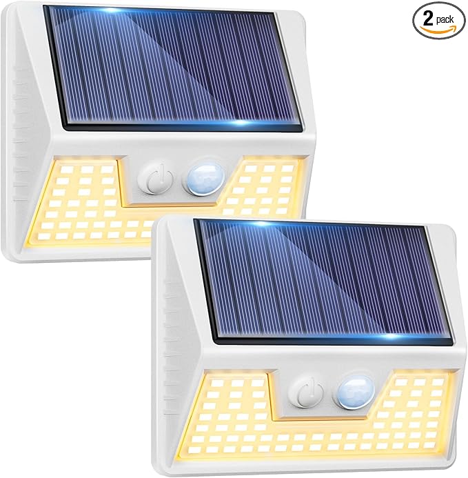 2 Pack Solar Motion Lights Outdoor, Waterproof Fence Lights Solar Powered with 3 Lighting Mode, Soft White LED Step Light for Outside Wall Yard Deck Stairs Garden- White