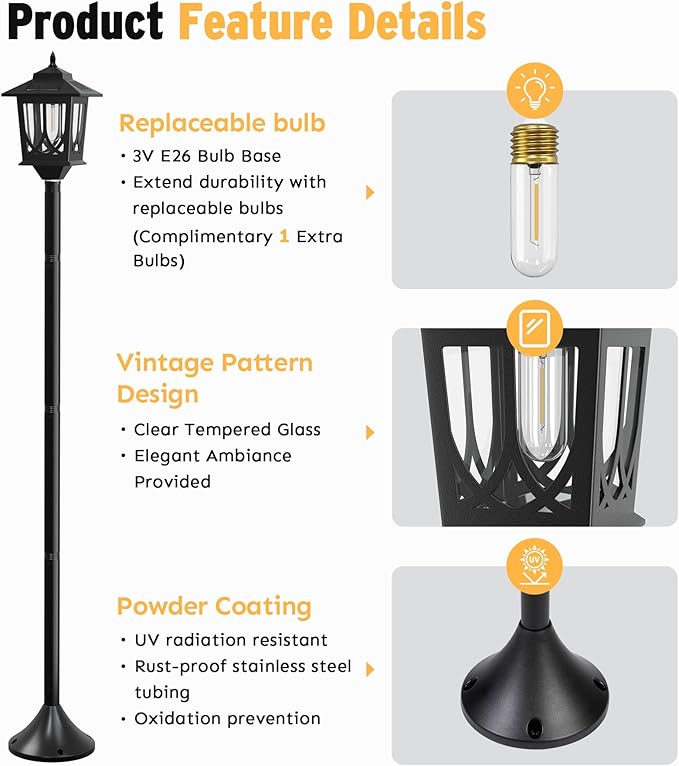63" Solar Lamp Post Light 2 Pack, Solar Light Posts for Outside Waterproof, Outdoor Lamps for Patio, Backyard, Front Porch Decor, Warm White, Replaceable Bulb