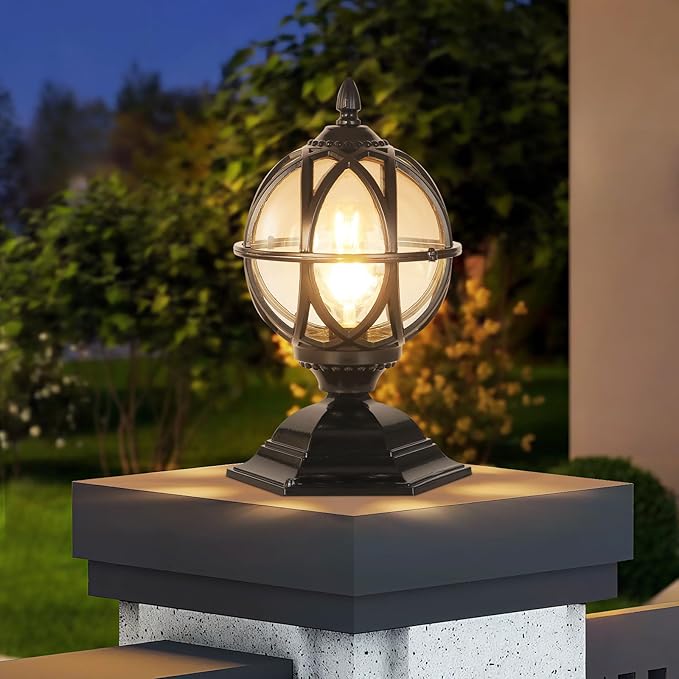 Outdoor Post Caps Lights Fixture Exterior Post Mount Column Lights IP55 Waterproof Pillar Lamps Fence Deck Caps Lanterns With Globe Amber Glass Landscape Lighting Yard Porch Gate Bollard Pedestal Lamp