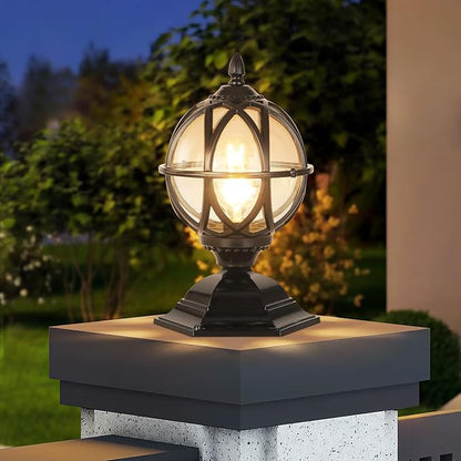 Outdoor Post Caps Lights Fixture Exterior Post Mount Column Lights IP55 Waterproof Pillar Lamps Fence Deck Caps Lanterns With Globe Amber Glass Landscape Lighting Yard Porch Gate Bollard Pedestal Lamp