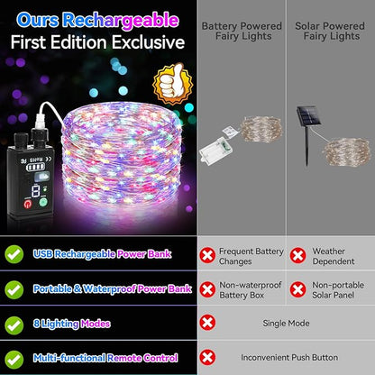 Lakumu 2-in-1 Rechargeable Fairy Lights Battery Operated, 132FT(2×66) Twinkle Lights with Remote & Timer, 400 LED String Lights for Bedroom Waterproof Outdoor Camping, Christmas Decorations Multicolor
