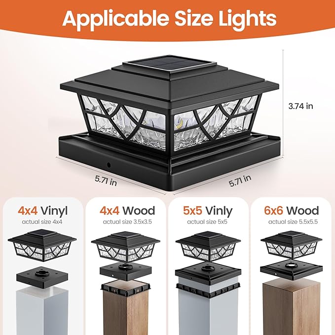 APONUO Solar Post Cap Lights 12 Pack for 4x4 5x5 6x6 Wood Vinyl Fences - IP64 Waterproof, Auto On/Off, Solar Powered Post Lights, Warm Cool White, Deck Patio Yard Decor, Black