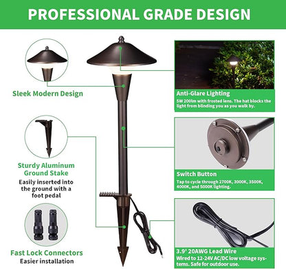 Low Voltage Pathway Lights - 2700K/3000K/3500K/4000K/5000K Selectable Landscape Sidewalk Lighting Wired, 12V Path Light Waterproof, 200lm LED Aluminum Pathlight ORB for Outside Patio Yard