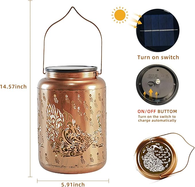 Peacock Solar Lanterns Outdoor Waterproof, 14.6'' Large Lamps, Upgraded 2000mAH Battery, Metal Christmas Gift, Birthday Gifts for Women Mom Grandma, Garden Yard Patio Lawn Pathway Decor