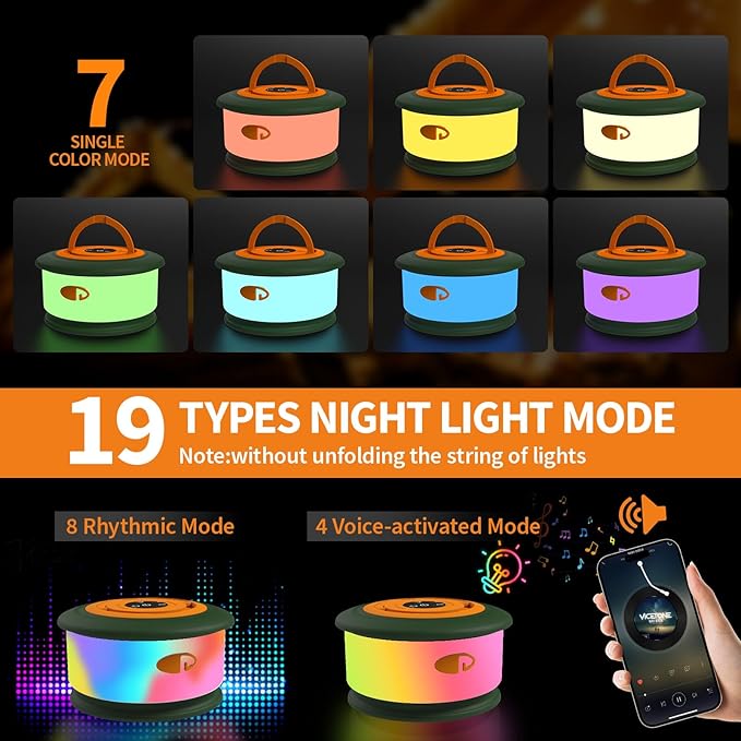 Camping String Lights, 3 in 1 Upgraded Retractable RGB Outdoor Tent Lights with 19 Modes, Quick 30s Recovery, 32.8 FT Portable, Rechargeable Camping Lantern (Green & Orange)
