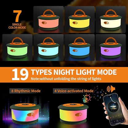 Camping String Lights, 3 in 1 Upgraded Retractable RGB Outdoor Tent Lights with 19 Modes, Quick 30s Recovery, 32.8 FT Portable, Rechargeable Camping Lantern (Green & Orange)