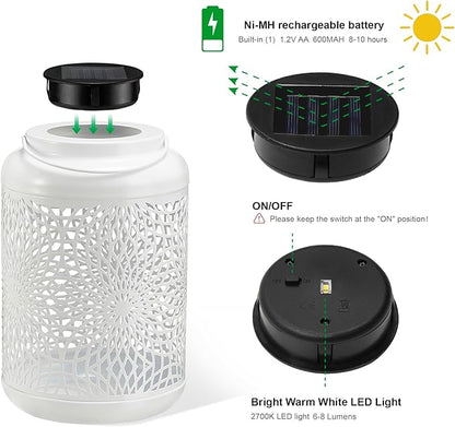 Glitzhome Solar Lantern White Metal Cutout Scrollwork Outdoor Hanging Solar Light with Handle for Garden Patio Yard Outdoor Decor